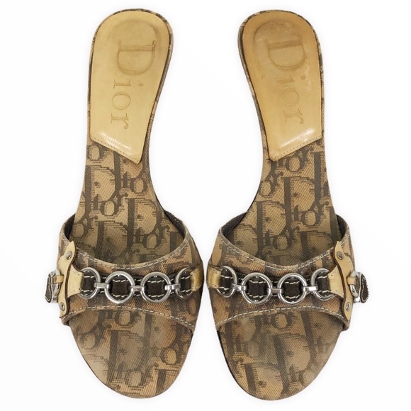 DIOR Brown Canvas Suede Heel Slide Diorissimo Lock